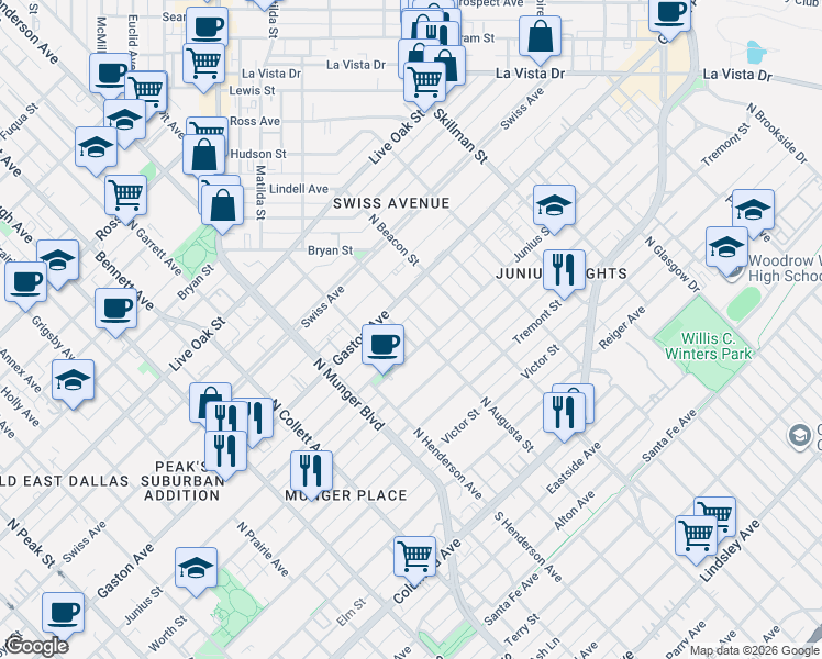 map of restaurants, bars, coffee shops, grocery stores, and more near 722 Parkmont Street in Dallas