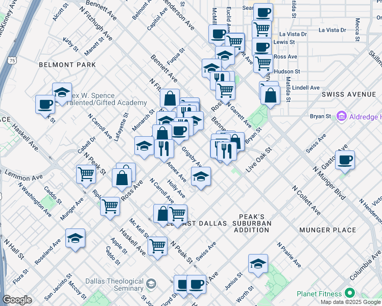 map of restaurants, bars, coffee shops, grocery stores, and more near 1621 North Prairie Avenue in Dallas
