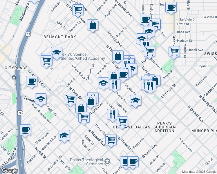 map of restaurants, bars, coffee shops, grocery stores, and more near 4604 Munger Avenue in Dallas