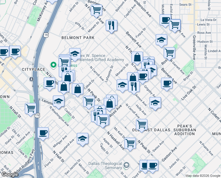 map of restaurants, bars, coffee shops, grocery stores, and more near 2007 North Carroll Avenue in Dallas