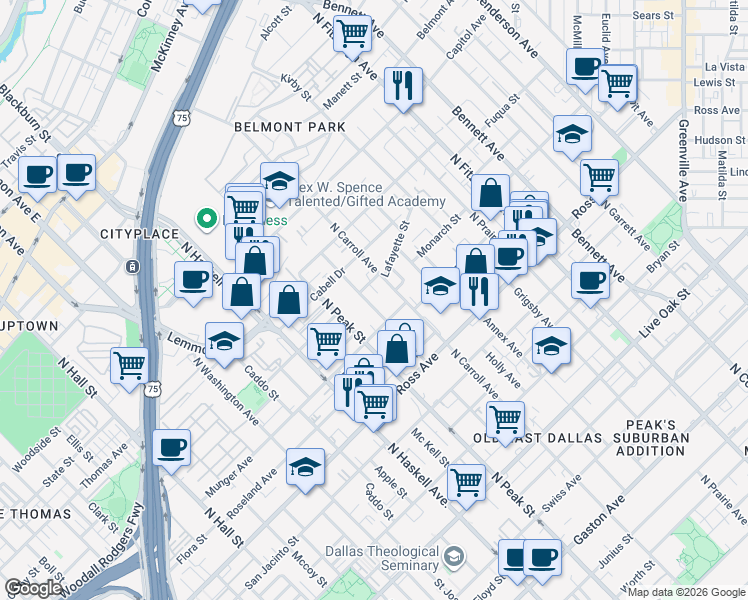 map of restaurants, bars, coffee shops, grocery stores, and more near 2007 North Carroll Avenue in Dallas