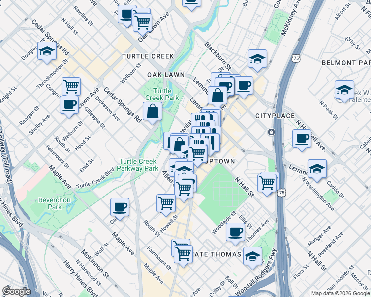 map of restaurants, bars, coffee shops, grocery stores, and more near in Dallas