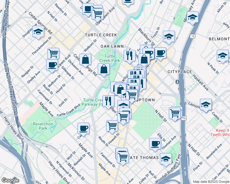 map of restaurants, bars, coffee shops, grocery stores, and more near 3221 Carlisle Street in Dallas