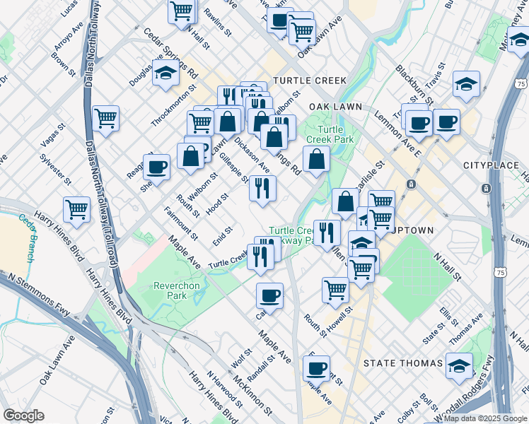 map of restaurants, bars, coffee shops, grocery stores, and more near 3424 Gillespie Street in Dallas