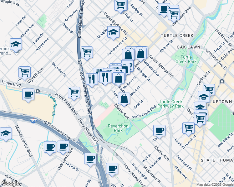 map of restaurants, bars, coffee shops, grocery stores, and more near 2512 Oak Lawn Avenue in Dallas
