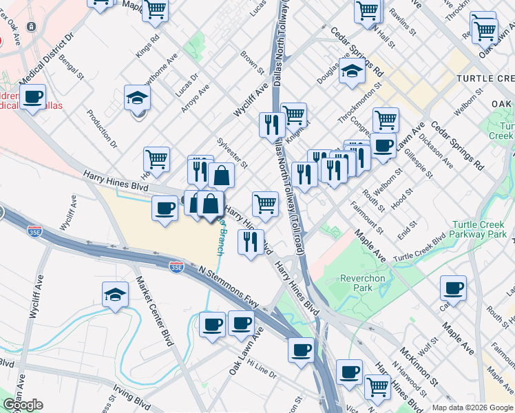 map of restaurants, bars, coffee shops, grocery stores, and more near 2301-2399 Throckmorton Street in Dallas