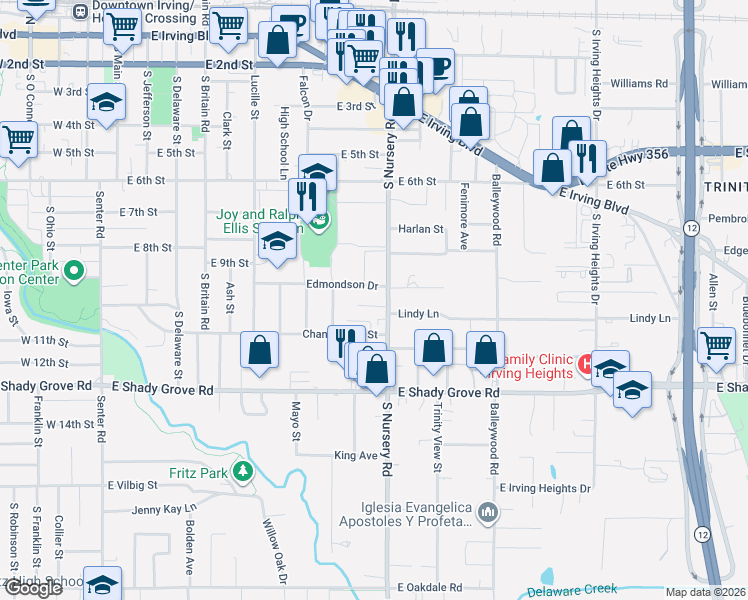 map of restaurants, bars, coffee shops, grocery stores, and more near 1003 Edmondson Drive in Irving