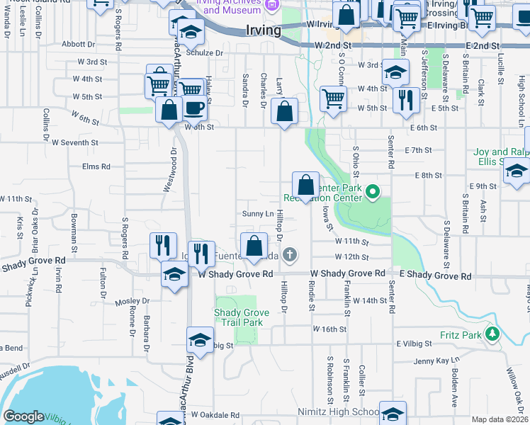 map of restaurants, bars, coffee shops, grocery stores, and more near 600 Hilltop Pointe in Irving