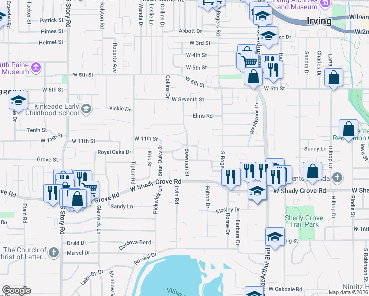 map of restaurants, bars, coffee shops, grocery stores, and more near 820 Bowman Street in Irving