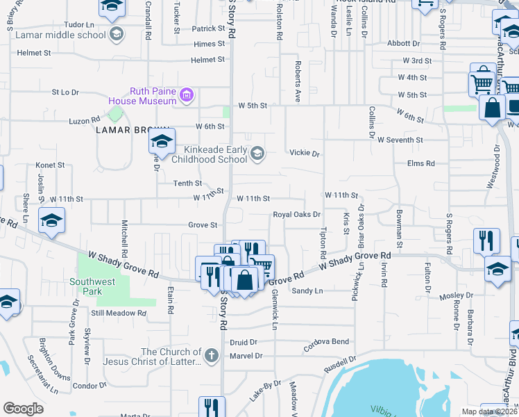 map of restaurants, bars, coffee shops, grocery stores, and more near 2225 West 11th Street in Irving