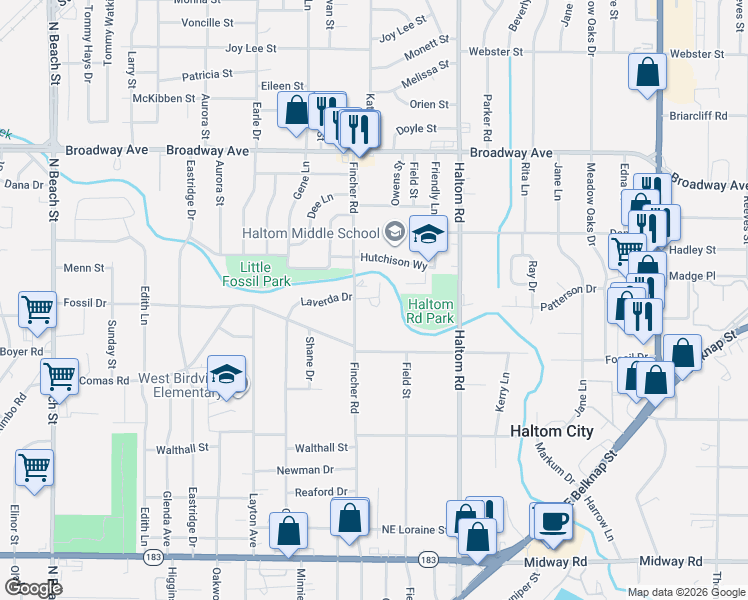 map of restaurants, bars, coffee shops, grocery stores, and more near 4598 Hadley Street in Haltom City