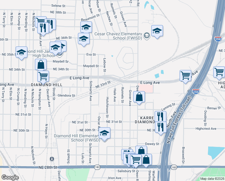 map of restaurants, bars, coffee shops, grocery stores, and more near 1900 Diamond Road in Fort Worth