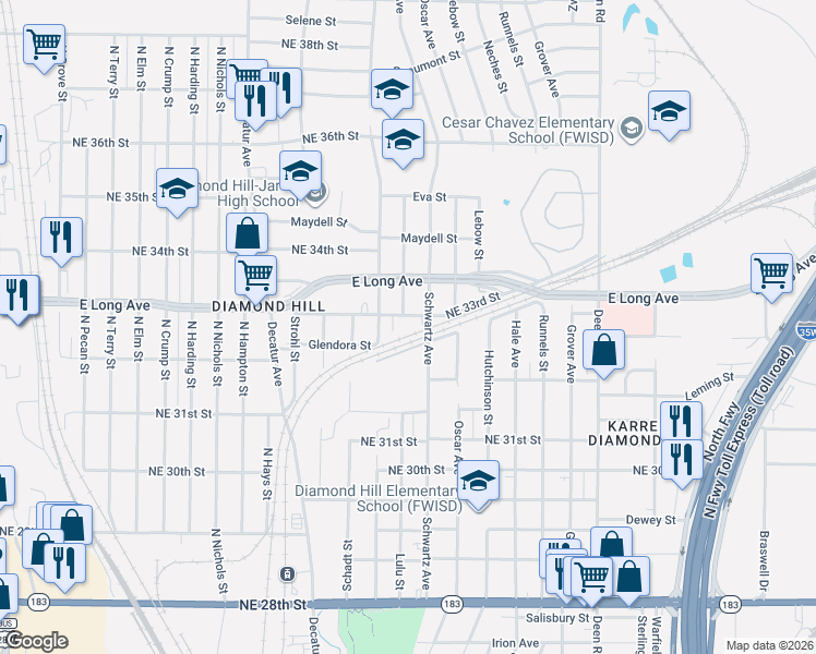 map of restaurants, bars, coffee shops, grocery stores, and more near 3401 Lulu Street in Fort Worth