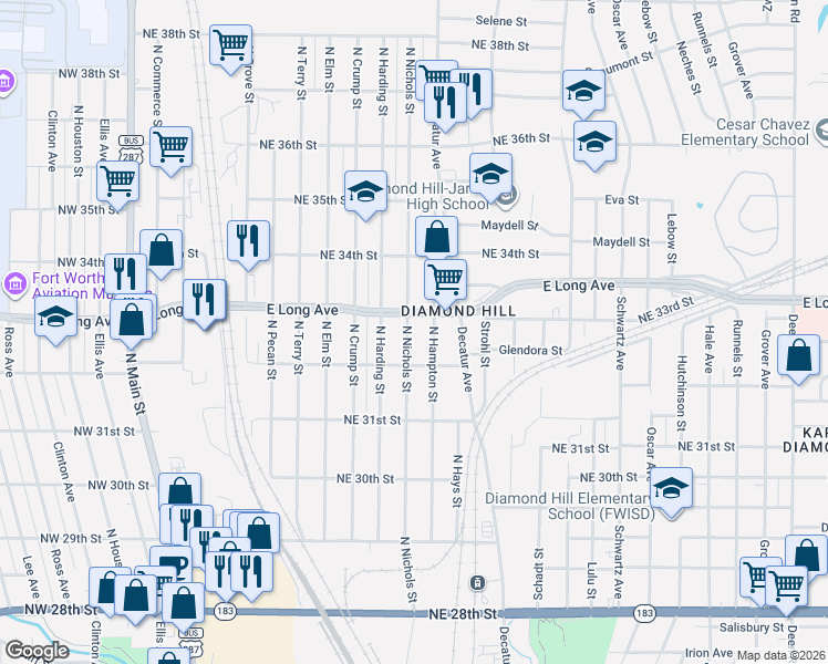 map of restaurants, bars, coffee shops, grocery stores, and more near 3401 North Nichols Street in Fort Worth