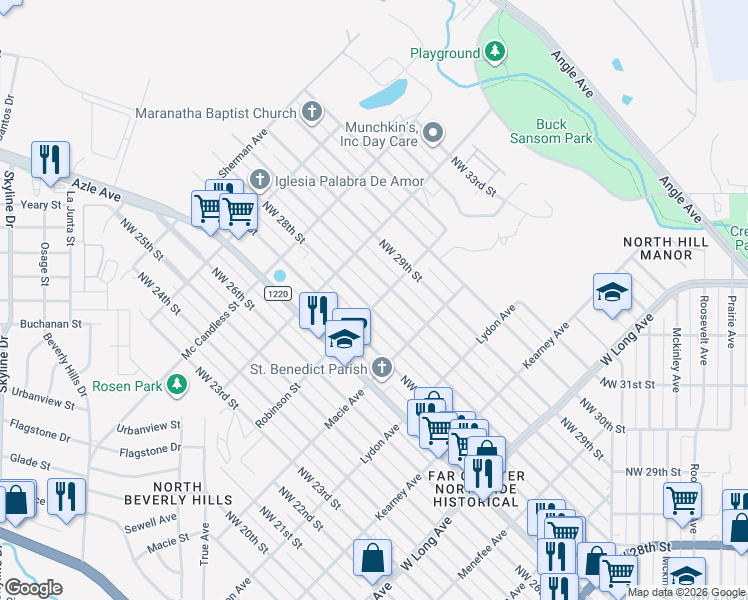 map of restaurants, bars, coffee shops, grocery stores, and more near 3104 West Loraine Street in Fort Worth