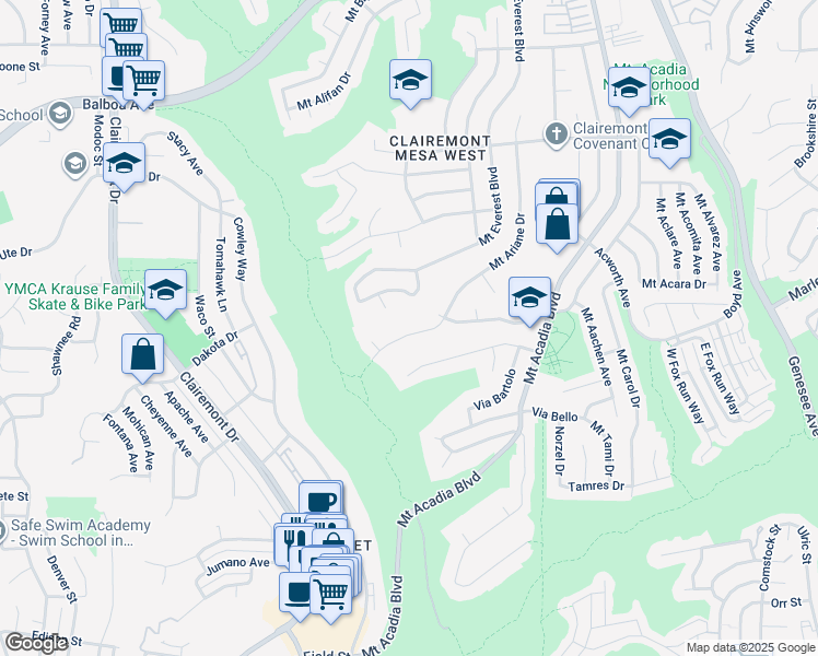 map of restaurants, bars, coffee shops, grocery stores, and more near 3432 Mount Ariane Drive in San Diego