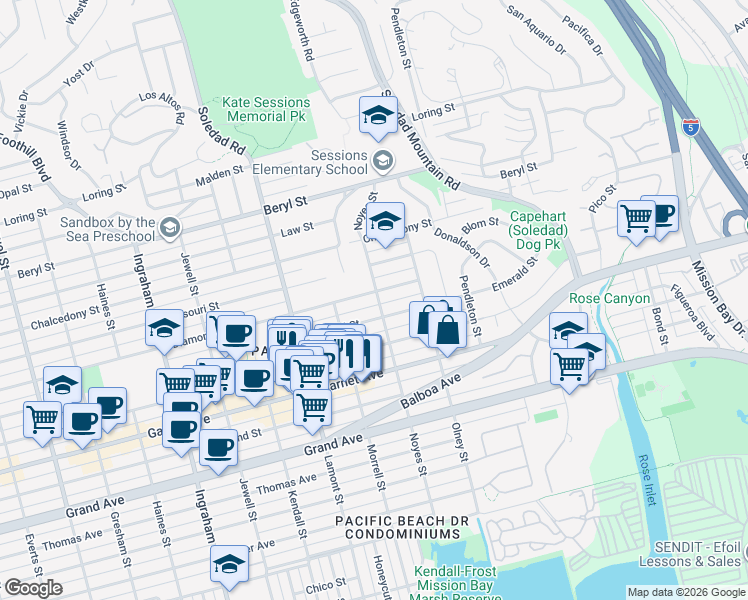 map of restaurants, bars, coffee shops, grocery stores, and more near 2104 Diamond Street in San Diego