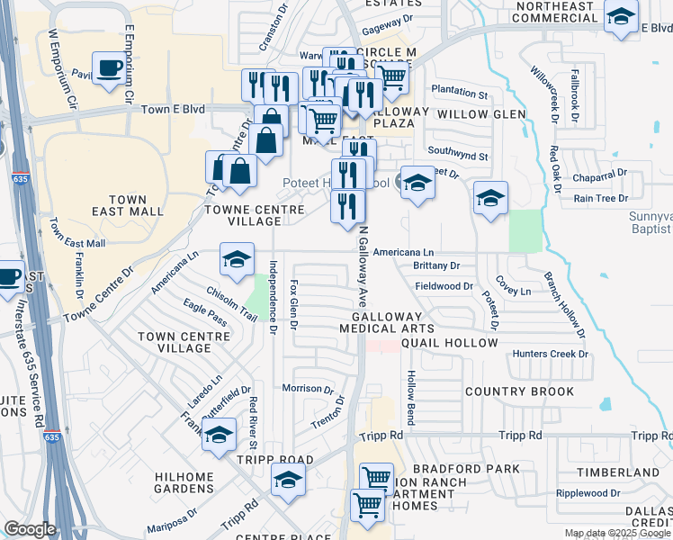 map of restaurants, bars, coffee shops, grocery stores, and more near 1017 Americana Lane in Mesquite