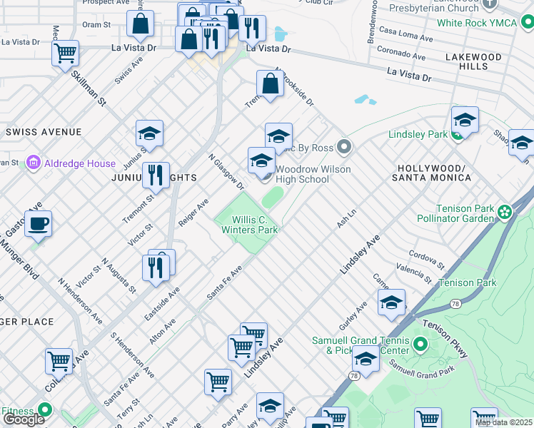 map of restaurants, bars, coffee shops, grocery stores, and more near 3325 Covington Lane in Dallas