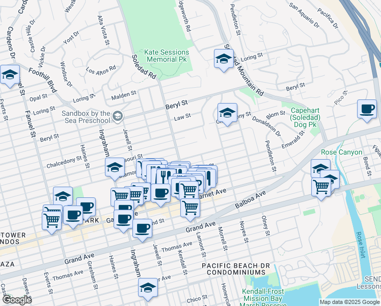 map of restaurants, bars, coffee shops, grocery stores, and more near 1946 Missouri Street in San Diego