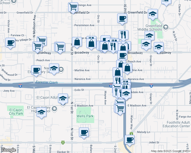 map of restaurants, bars, coffee shops, grocery stores, and more near 1184 Naranca Avenue in El Cajon