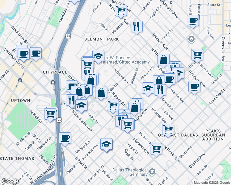 map of restaurants, bars, coffee shops, grocery stores, and more near 2112 North Peak Street in Dallas