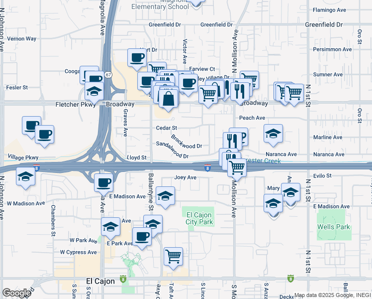 map of restaurants, bars, coffee shops, grocery stores, and more near 778 Maplewood Way in El Cajon