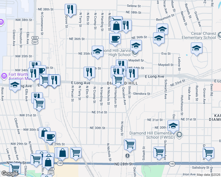map of restaurants, bars, coffee shops, grocery stores, and more near 3401 North Nichols Street in Fort Worth