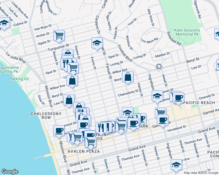 map of restaurants, bars, coffee shops, grocery stores, and more near 1260 Law Street in San Diego