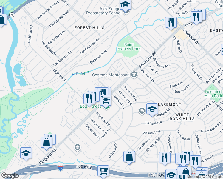 map of restaurants, bars, coffee shops, grocery stores, and more near 8145 Ferguson Road in Dallas