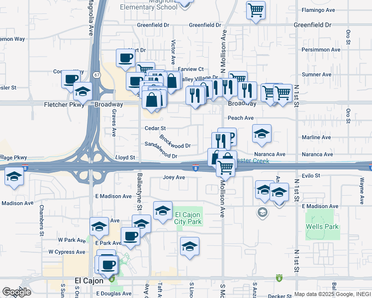 map of restaurants, bars, coffee shops, grocery stores, and more near 643 Brockwood Drive in El Cajon