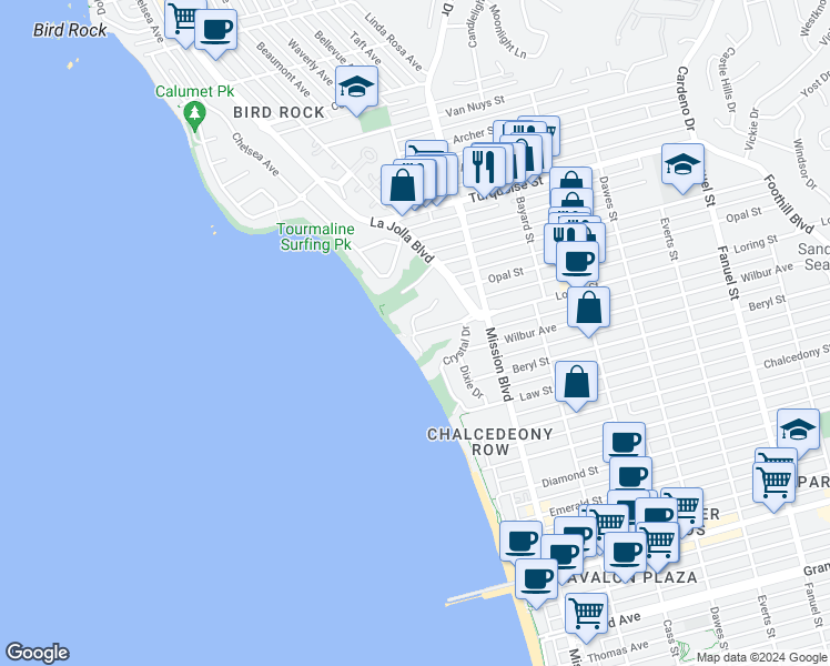 map of restaurants, bars, coffee shops, grocery stores, and more near 9297 Ocean Boulevard in San Diego