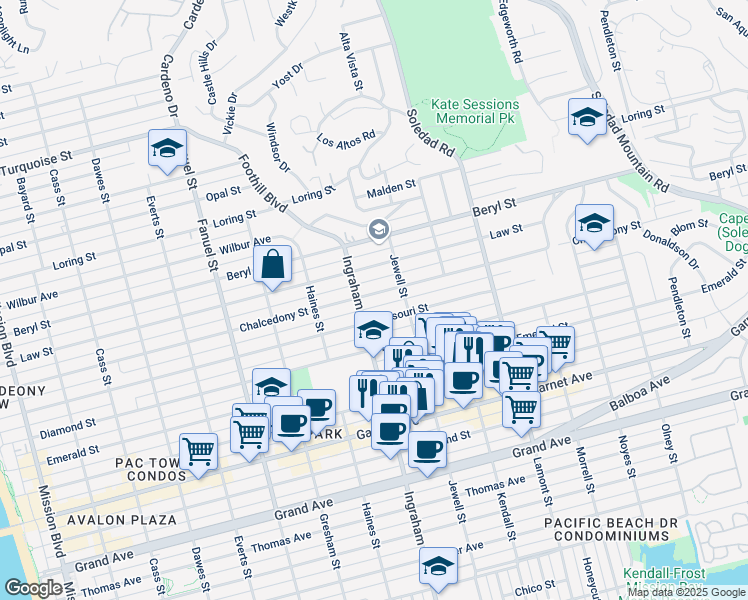 map of restaurants, bars, coffee shops, grocery stores, and more near 1625 Chalcedony Street in San Diego