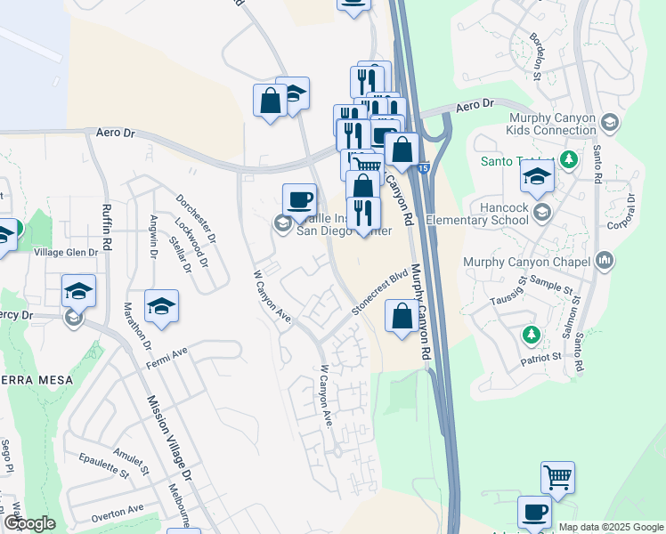 map of restaurants, bars, coffee shops, grocery stores, and more near 3378 Daley Center Dr in San Diego