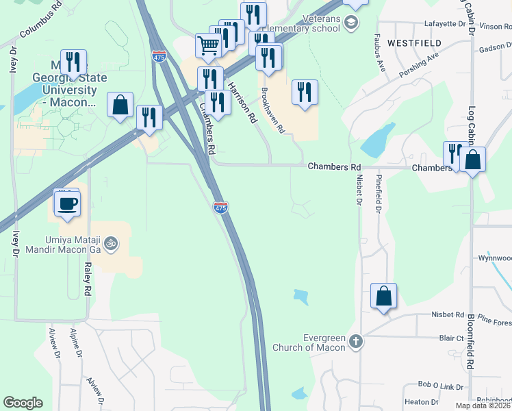 map of restaurants, bars, coffee shops, grocery stores, and more near 4500 Chambers Road in Macon