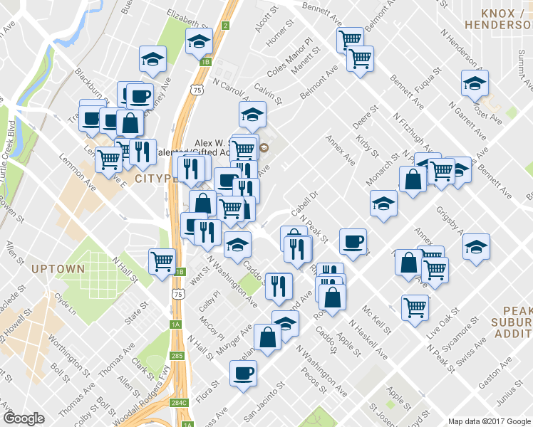 map of restaurants, bars, coffee shops, grocery stores, and more near 4144 Office Parkway in Dallas