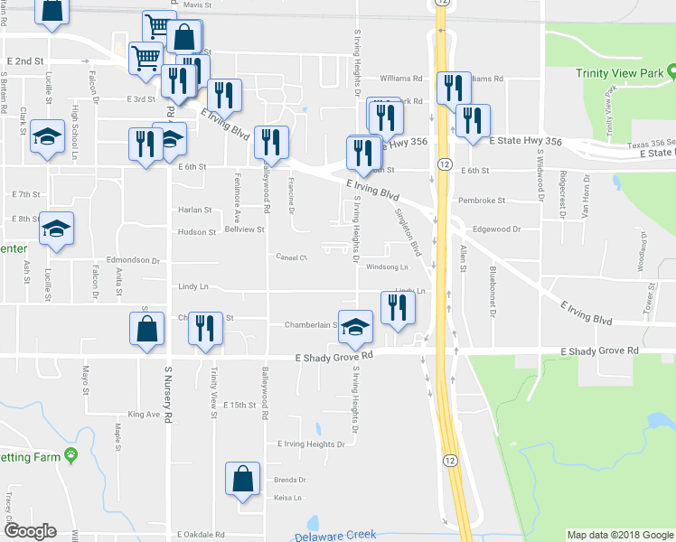 map of restaurants, bars, coffee shops, grocery stores, and more near 907 South Irving Heights Drive in Irving