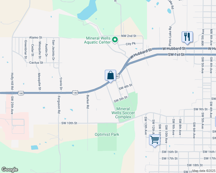 map of restaurants, bars, coffee shops, grocery stores, and more near 1505 U.S. 180 in Mineral Wells