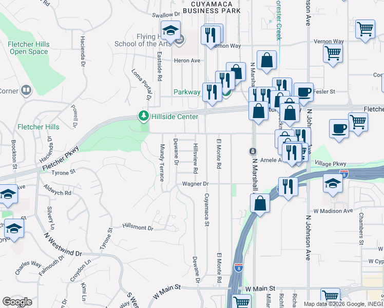 map of restaurants, bars, coffee shops, grocery stores, and more near 741 Hillsview Road in El Cajon