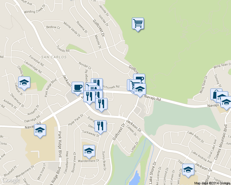 map of restaurants, bars, coffee shops, grocery stores, and more near 7167 Birchcreek Road in San Diego