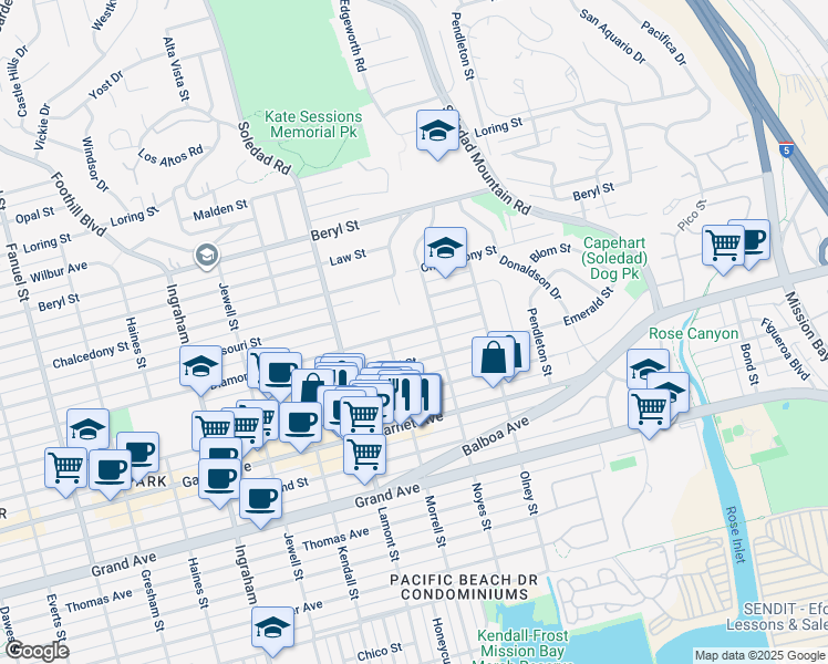 map of restaurants, bars, coffee shops, grocery stores, and more near 4756 Academy Place in San Diego