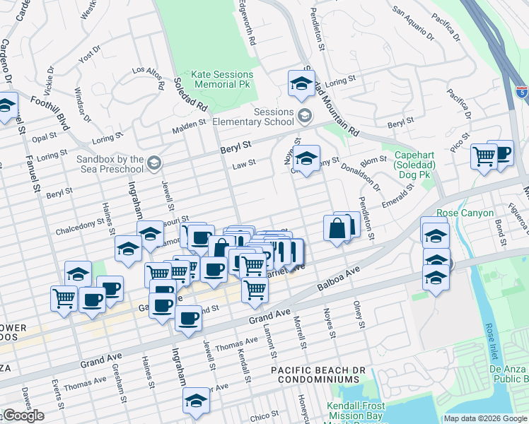 map of restaurants, bars, coffee shops, grocery stores, and more near 4756 Academy Place in San Diego