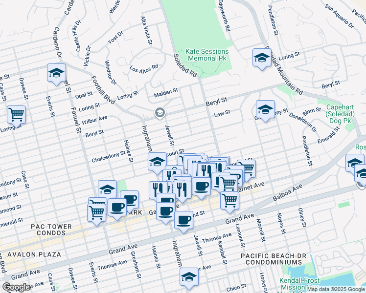 map of restaurants, bars, coffee shops, grocery stores, and more near 1712 Chalcedony Street in San Diego