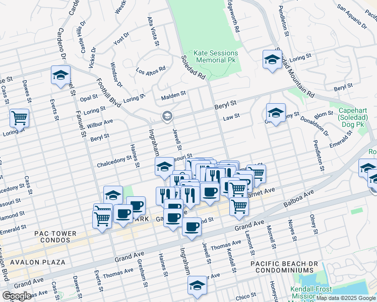 map of restaurants, bars, coffee shops, grocery stores, and more near 1712 Chalcedony Street in San Diego