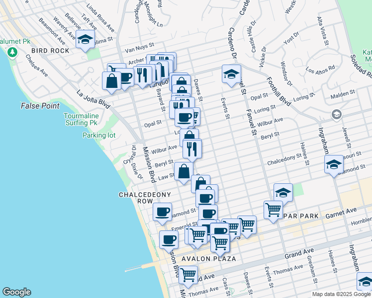 map of restaurants, bars, coffee shops, grocery stores, and more near 950 Wilbur Avenue in San Diego