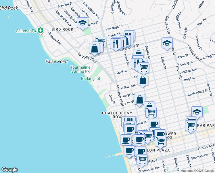 map of restaurants, bars, coffee shops, grocery stores, and more near 670 Loring Street in San Diego