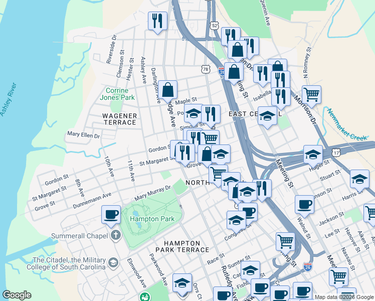 map of restaurants, bars, coffee shops, grocery stores, and more near 6 Paige Court in Charleston
