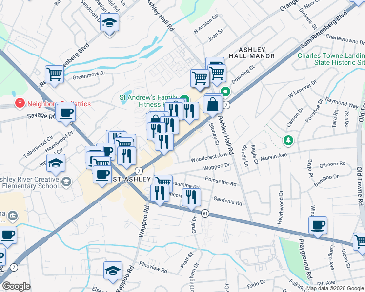 map of restaurants, bars, coffee shops, grocery stores, and more near 1623A Memminger Avenue in Charleston