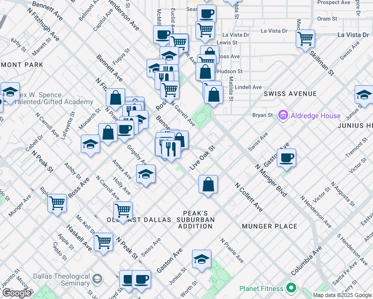 map of restaurants, bars, coffee shops, grocery stores, and more near 1400 Bennett Avenue in Dallas