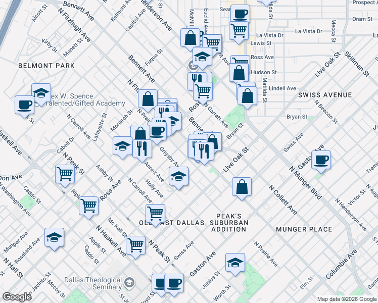 map of restaurants, bars, coffee shops, grocery stores, and more near 104 San Jacinto Street in Dallas